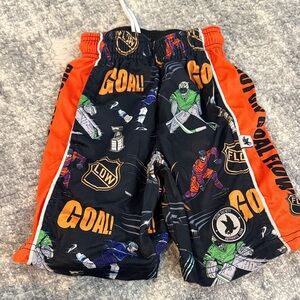 Kids Hockey Print Athletic Shorts with Orange Side Panels